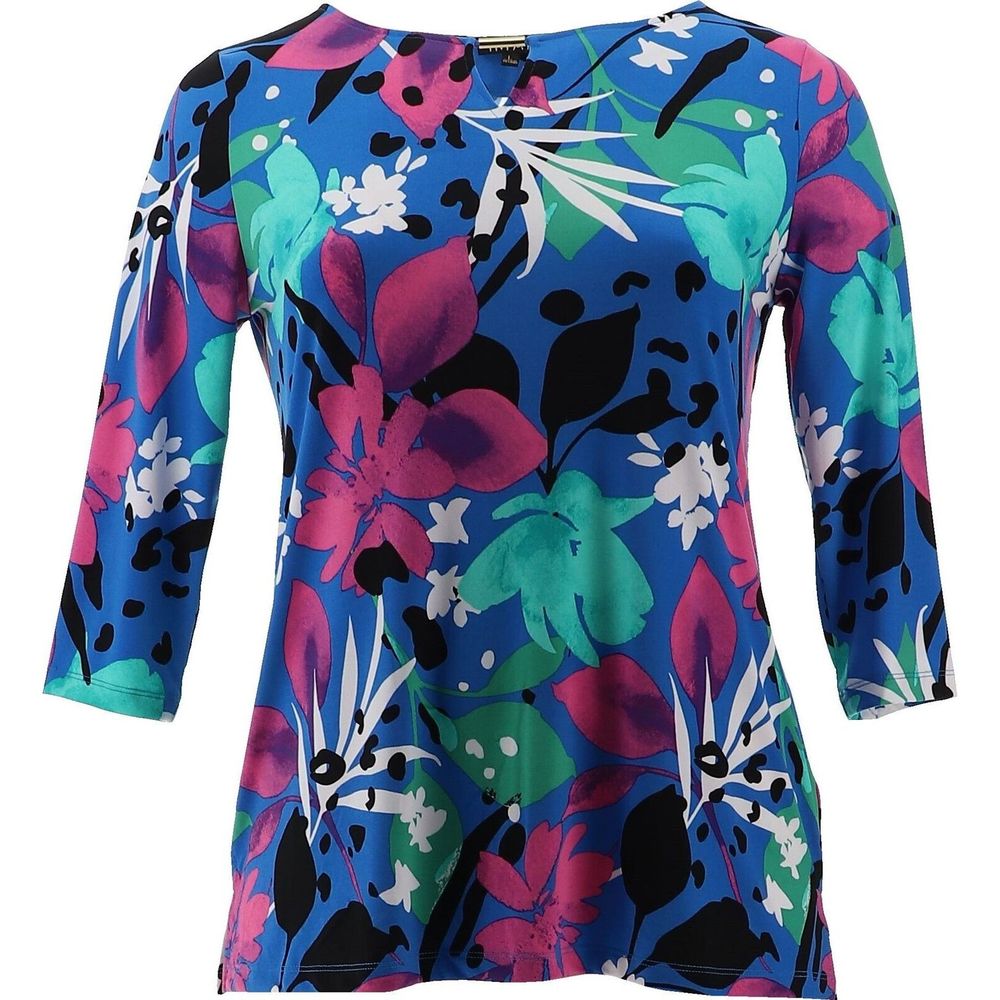 IMAN Global Chic Printed Keyhole 3/4 Slv Tunic Blue Multi 7353751